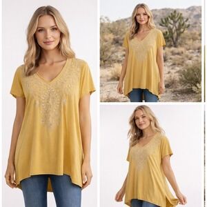 Johnny Was Mustard Yellow Embroidered Tunic Top Boho V Neck Women's Large